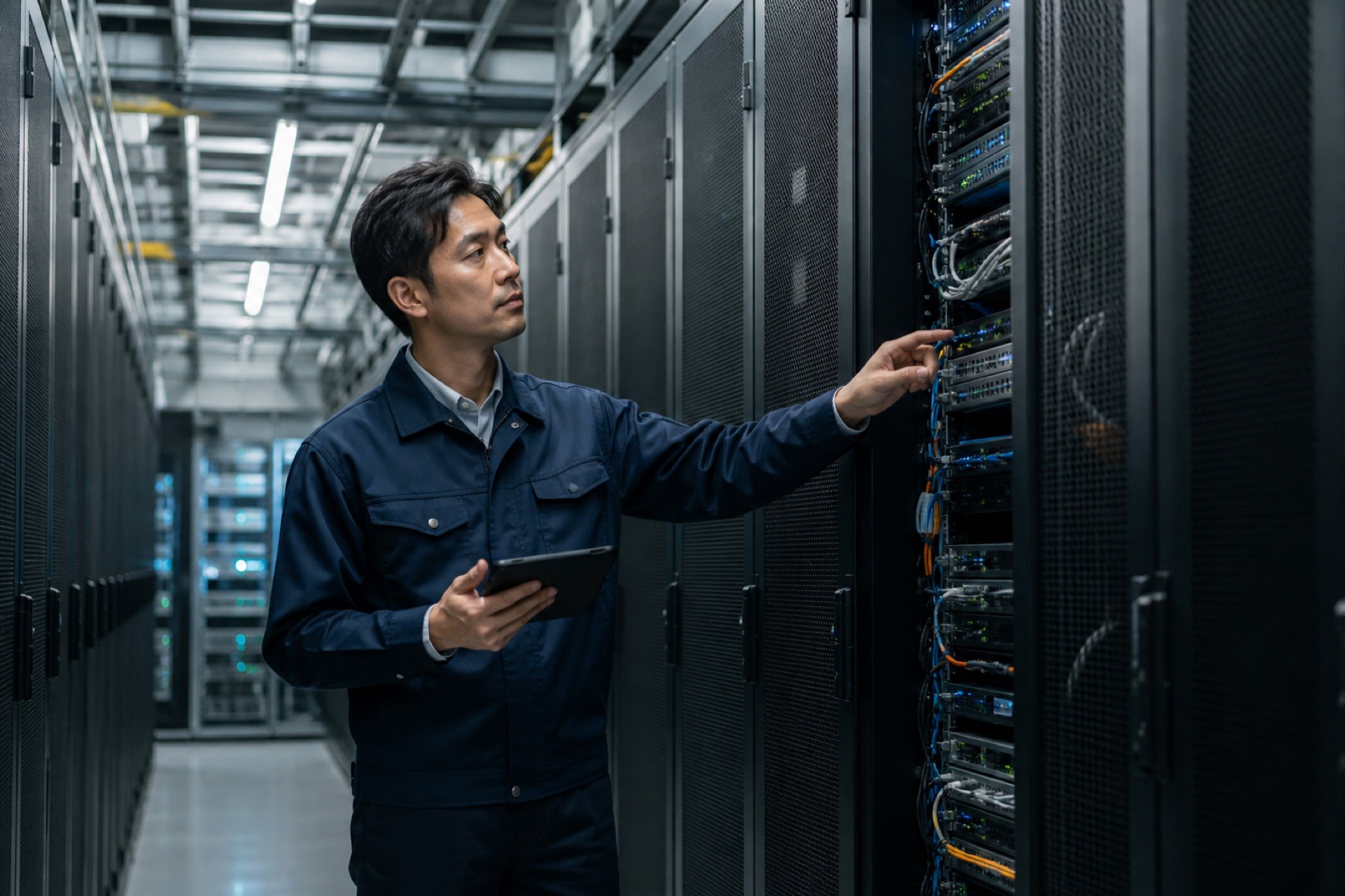 サーバー設備を点検するデータセンターエンジニア