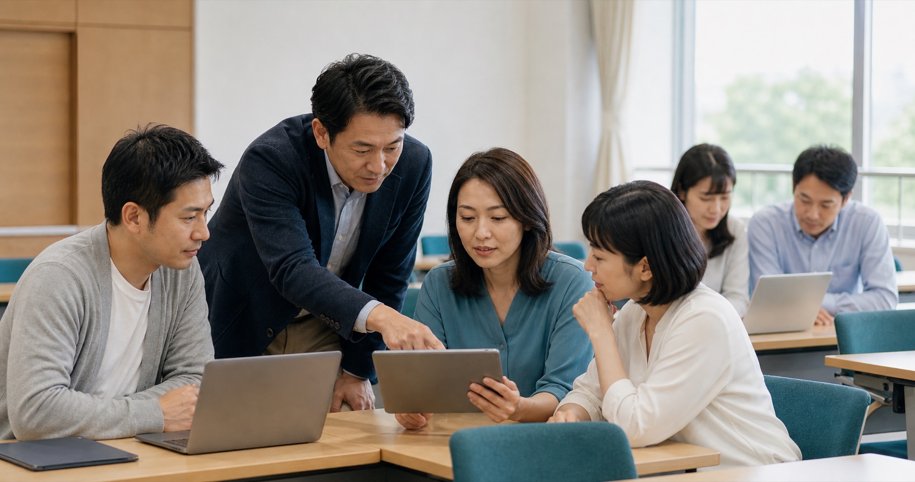 デジタル教材を使って学ぶ成人学習者と講師
